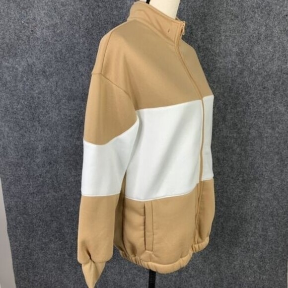 Shein Zip Front Sweatshirt Women XS Tan White Long Sleeve Pockets - Picture 7 of 11